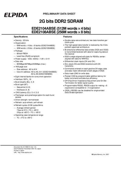 Elpida EDE2104ABSE/EDE2108ABSE 2G-bit DDR2 SDRAM Datasheet - cover page