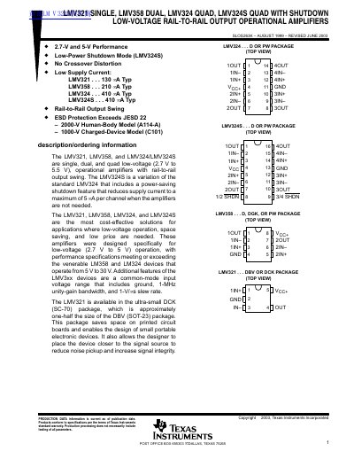 Texas Instruments LMV321/LMV358/LMV324/LMV324S Operational Amplifiers Datasheet