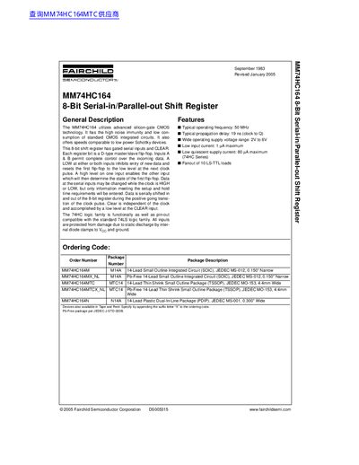 Fairchild MM74HC164 8-Bit Serial-in/Parallel-out Shift Register Datasheet - cover page