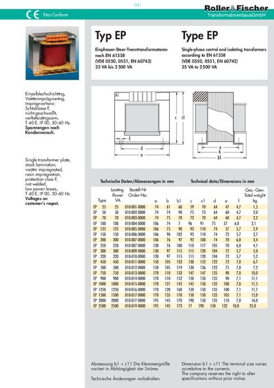 Roller &amp; Fischer EP Single-phase Control and Isolating Transformer Datasheet
