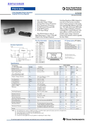 Texas Instruments PT6210 Series 2 Amp Adjustable Positive Step-down Integrated Switching Regulator Datasheet - cover page