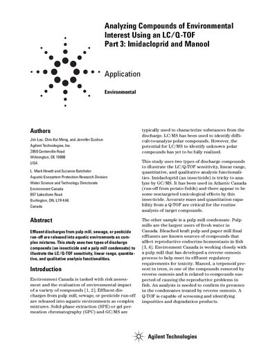 Agilent Analyzing Compounds of Environmental Interest Using an LC/Q-TOF Part 3: Imidacloprid and Manool Application Note - cover page