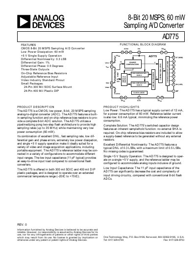 Analog Devices AD775 8‑Bit 20 MSPS Sampling A/D Converter Datasheet - cover page