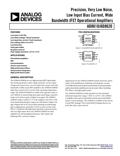 Analog Devices AD8610/AD8620 JFET Operational Amplifier Datasheet - cover page