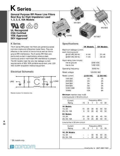 Corcom K Series General Purpose RFI Power Line Filters Datasheet - cover page