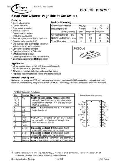 Infineon BTS721L1 Smart Four-Channel Highside Power Switch Datasheet - cover page