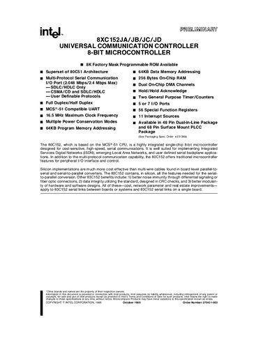 Intel 8XC152JA/JB/JC/JD Universal Communication Controller 8‑bit Microcontroller Datasheet - cover page