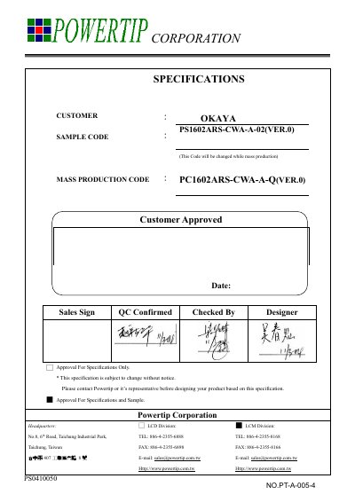 POWERTIP PC1602ARS-CWA-A-Q(VER.0) handbook - cover page