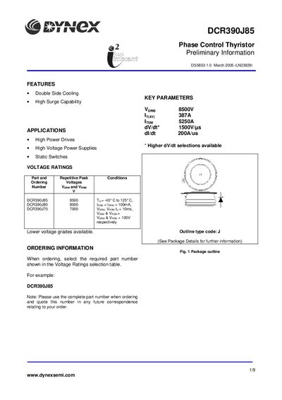 Dynex DCR390J85 Datasheet - cover page