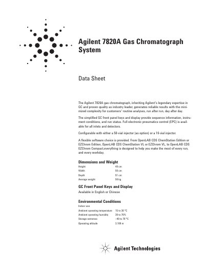 Agilent 7820A Gas Chromatograph System Data Sheet - cover page