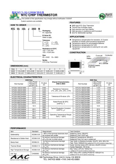 American Accurate Components NTC5-102-G3950M Datasheet - cover page