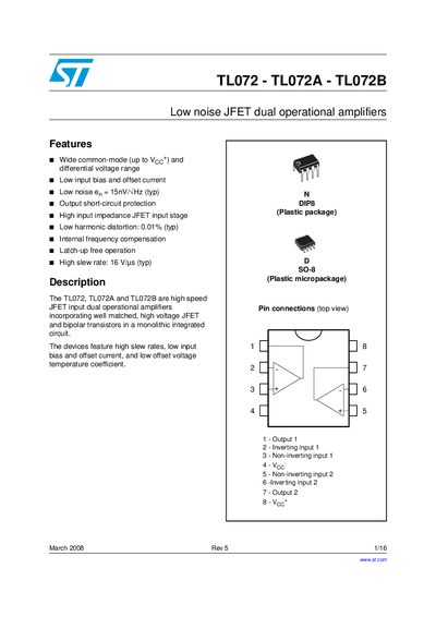 STMICROELECTRONICS -TL072 - TL072A - TL072B Low noise JFET dual operational amplifiers handbook - cover page
