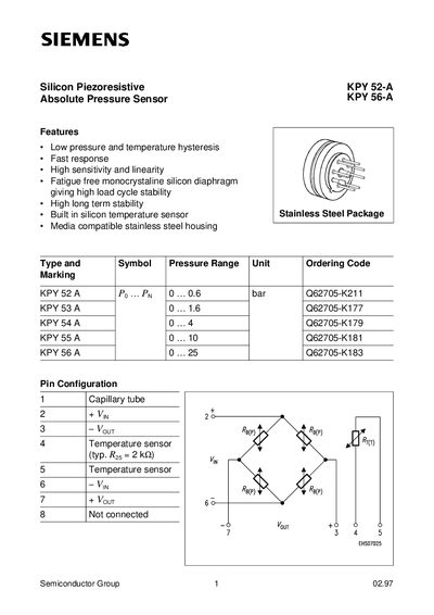 Siemens KPY 52-A / KPY 56-A Absolute Pressure Sensor Datasheet - cover page