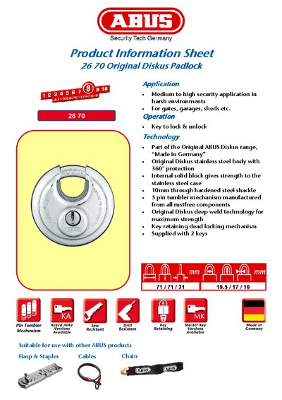 ABUS 26 70 Original Diskus Padlock Product Information Sheet - cover page