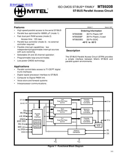 Mitel MT8920B ST-BUS Parallel Access Circuit Datasheet - cover page