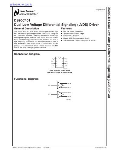 National Semiconductor DS90C401 Dual LVDS Driver Datasheet - cover page