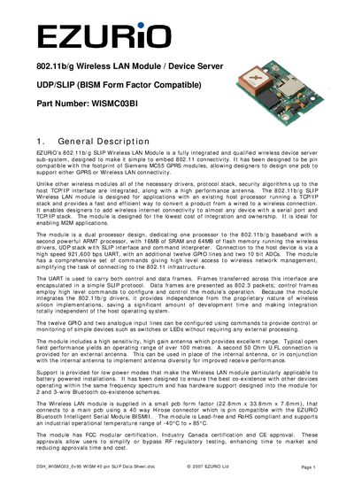 EZURIO WISMCO03BI 802.11b/g Wireless LAN Module Device Server UDP/SLIP Data Sheet - cover page