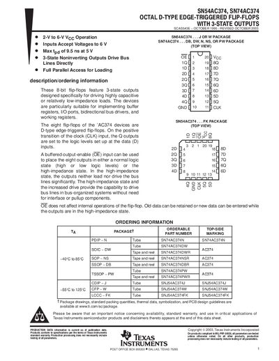 Texas Instruments SN54AC374 / SN74AC374 Octal D-Type Edge-Triggered Flip-Flops Datasheet - cover page