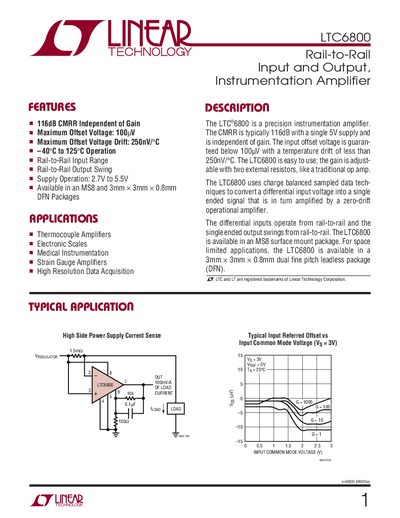 Linear Technology LTC6800 Instrumentation Amplifier Datasheet - cover page