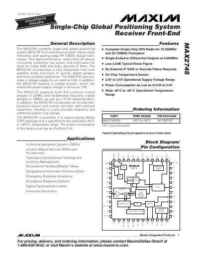 Maxim MAX2745 Single-Chip GPS Receiver Front-End Datasheet - cover page