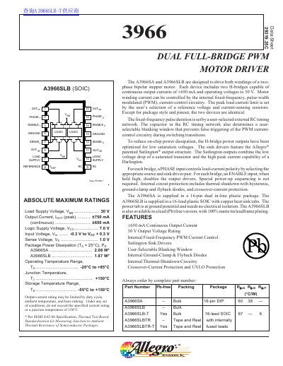 Allegro A3966 Dual Full-Bridge PWM Motor Driver Datasheet