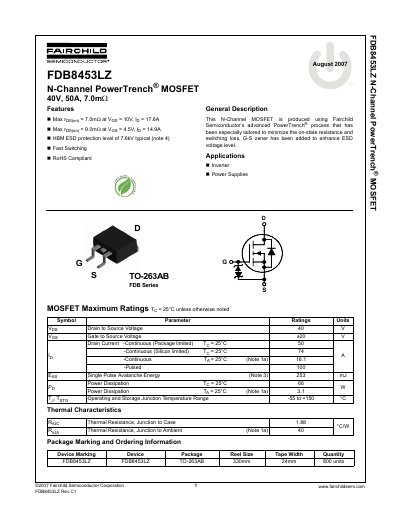 Fairchild Semiconductor FDB8453LZ N-Channel MOSFET Datasheet - cover page