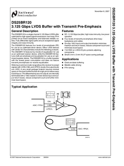National Semiconductor DS25BR120 3.125 Gbps LVDS Buffer with Transmit Pre-Emphasis Datasheet - cover page