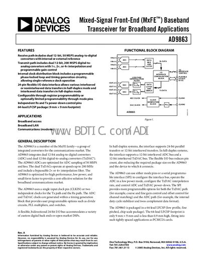 Analog Devices AD9863 Mixed‑Signal Front‑End Datasheet - cover page