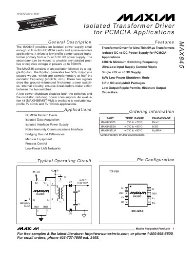 Maxim MAX845 Isolated Transformer Driver Datasheet - cover page