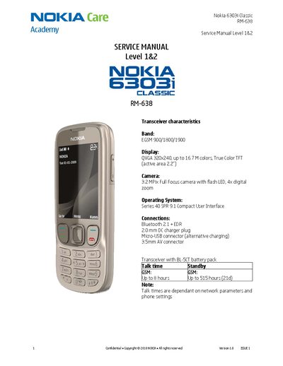 Nokia 6303i Classic Service Manual Level 1&2 - cover page
