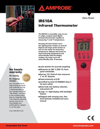 Amprobe IR610A Infrared Thermometer Data Sheet - cover page