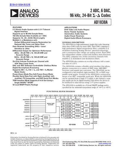 ANALOG DEVICES 2 ADC 6 DAC 96 kHz 24-Bit AD1838A handbook