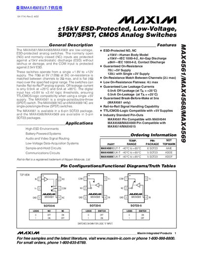 Maxim MAX4561/MAX4568/MAX4569 CMOS Analog Switches Datasheet - cover page