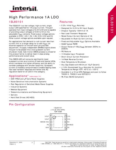 Intersil ISL80101 Low‑Dropout Regulator (LDO) Datasheet - cover page