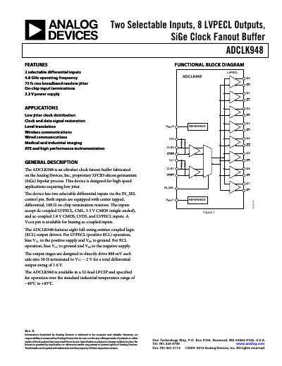 Analog Devices ADCLK948 Clock Fanout Buffer Datasheet - cover page