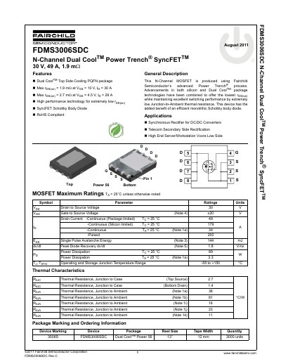 Fairchild FDMS3006SDC N-Channel MOSFET Datasheet - cover page