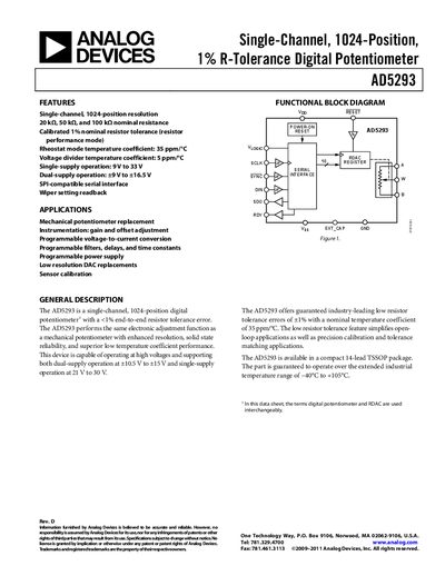 Analog Devices AD5293 Digital Potentiometer Datasheet