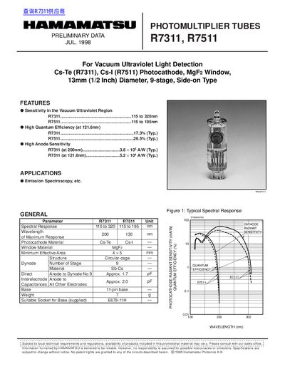 Hamamatsu Photonics R7311/R7511 Photomultiplier Tubes Datasheet - cover page