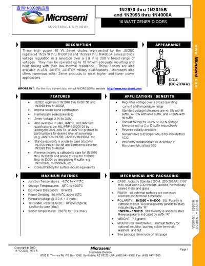 Microsemi 1N2970–1N3015B and 1N3993–1N4000A Datasheet - cover page