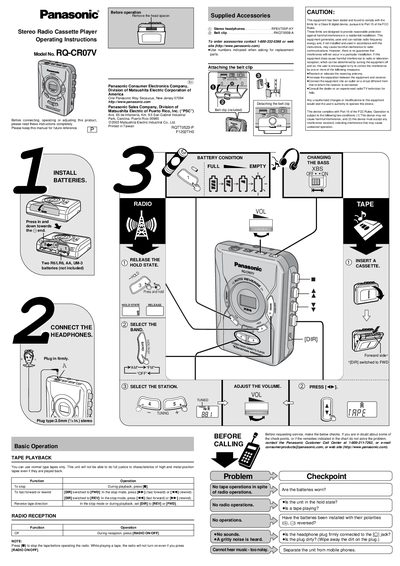Panasonic RQ-CR07V Stereo Radio Cassette Player Operating Instructions - cover page