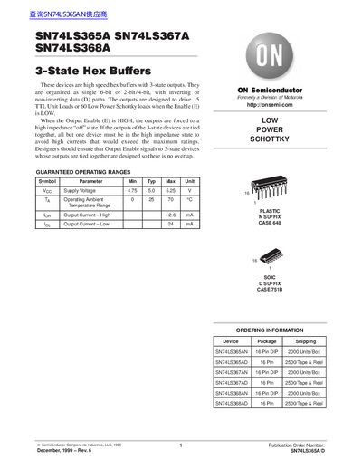 ON Semiconductor SN74LS365A SN74LS367A SN74LS368A DATA SHEET - cover page