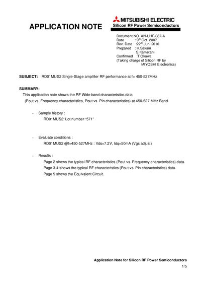 Mitsubishi Electric RDO1MUS2 Application Note AN-UHF-087-A - cover page
