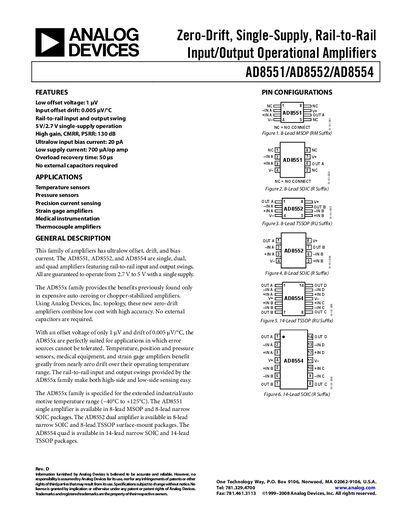 Analog Devices AD8551/AD8552/AD8554 Operational Amplifier Datasheet - cover page