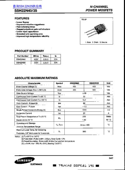 Samsung SSH22N40/35 Power MOSFET Datasheet - cover page
