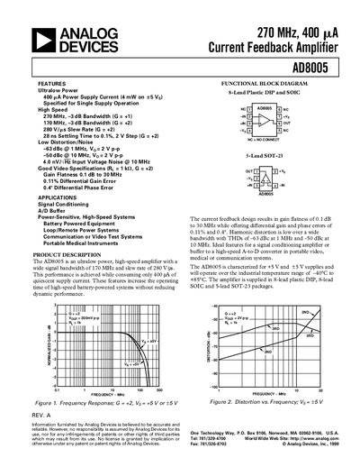 Analog Devices AD8005 Datasheet Rev A - cover page
