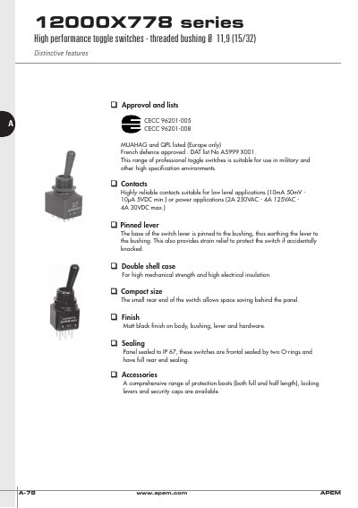 APEM 12000X778 Series High Performance Toggle Switches Product Leaflet - cover page