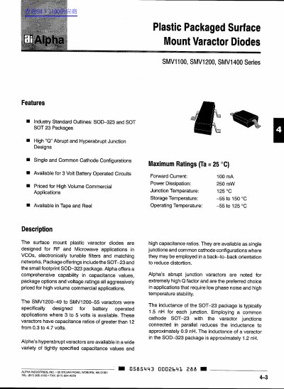 Alpha SMV1142-SMV1148 Hyperabrupt Tuning Varactors handbook(2) - cover page