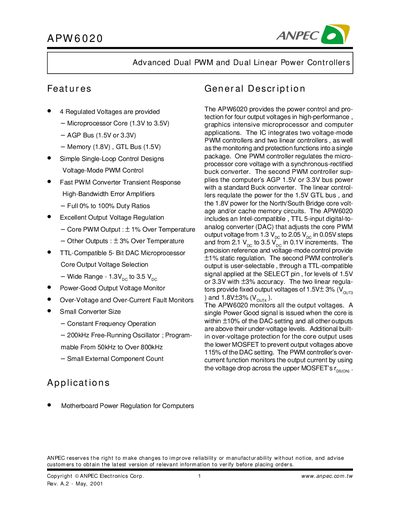 ANPEC APW6020 Power Controller Datasheet - cover page