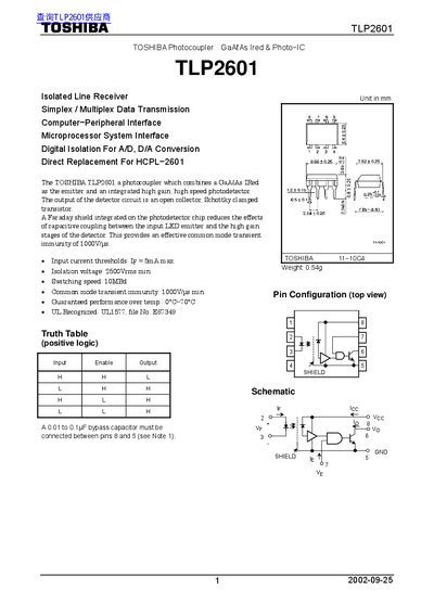 Toshiba TLP2601 Photocoupler Datasheet - cover page