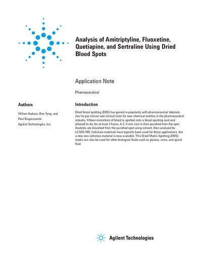 Agilent Analysis of Amitriptyline, Fluoxetine, Quetiapine, and Sertraline Using Dried Blood Spots Application Note